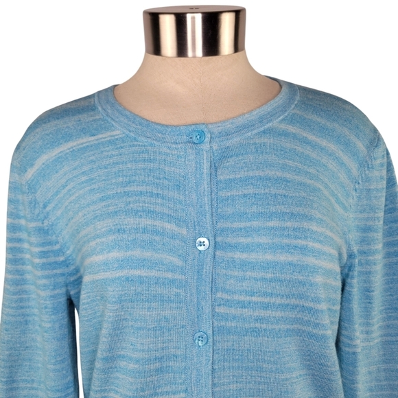 Merona Women's Size M Blue Striped 3/4 Sleeve Button-Up Cardigan Sweater - Picture 2 of 9